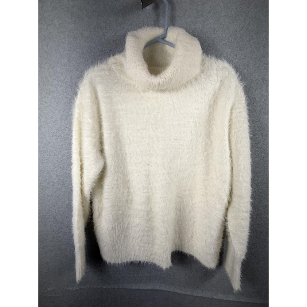 Joe Fresh Sweater Womens Medium White Fuzzy Turtleneck Knit Pullover Long Sleeve